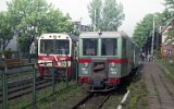 Die Triebwagen MBd1-133 Richtung Lisewo und  MBxd2-212 Richtung Malbork Kadowo in Nowy Dwr Gdaski (Tiegenhof) am 08. September 1992