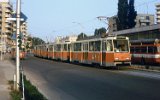 Ein Vier-Wagen-Zug , der zweite wird geschleppt, Calea București 1988
