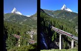 Das Findelenbachviadukt oberhalb von Zermatt mit dem Matterhorn am 16.07.2016. Der erste Standort (links) war zu hoch gewählt. Bäume verdecken das Viadukt.